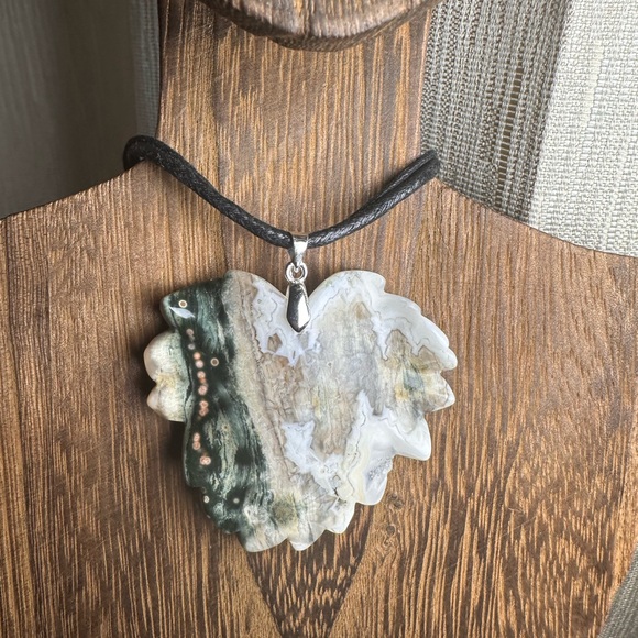 Jewelry - Ocean Jasper Leaf Pendant Necklace on Black Rope